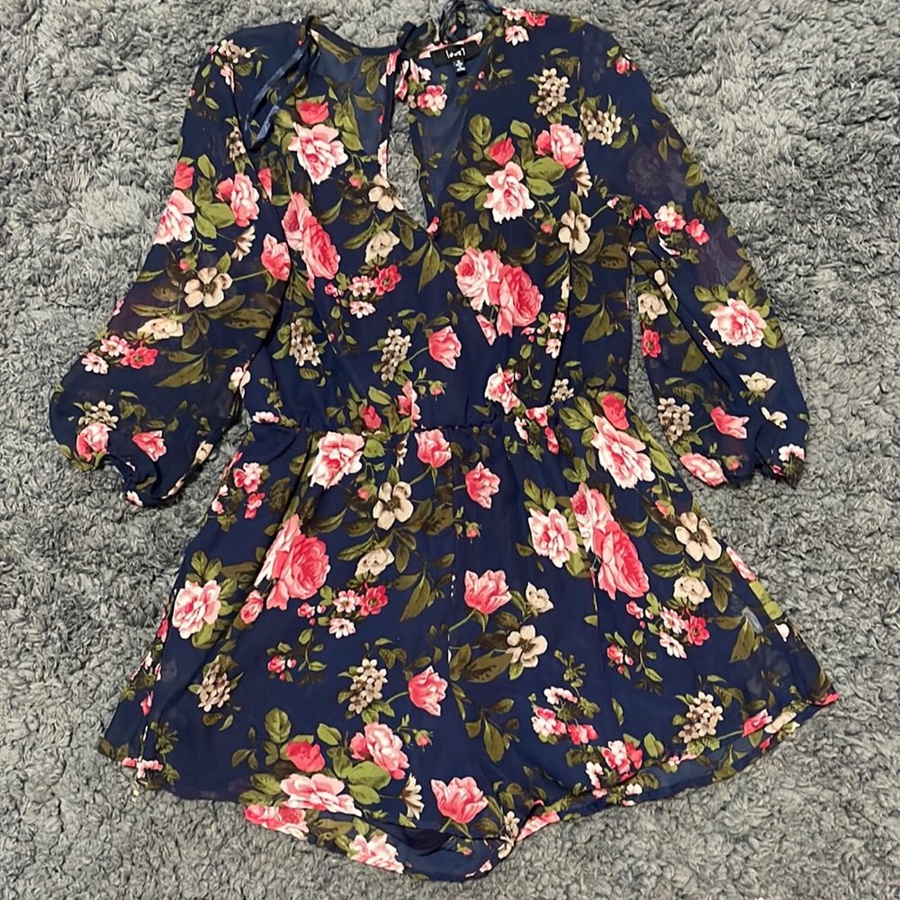 Floral shorts romper, open back with string